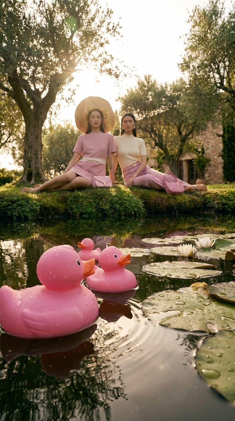 Women nest to a pond
