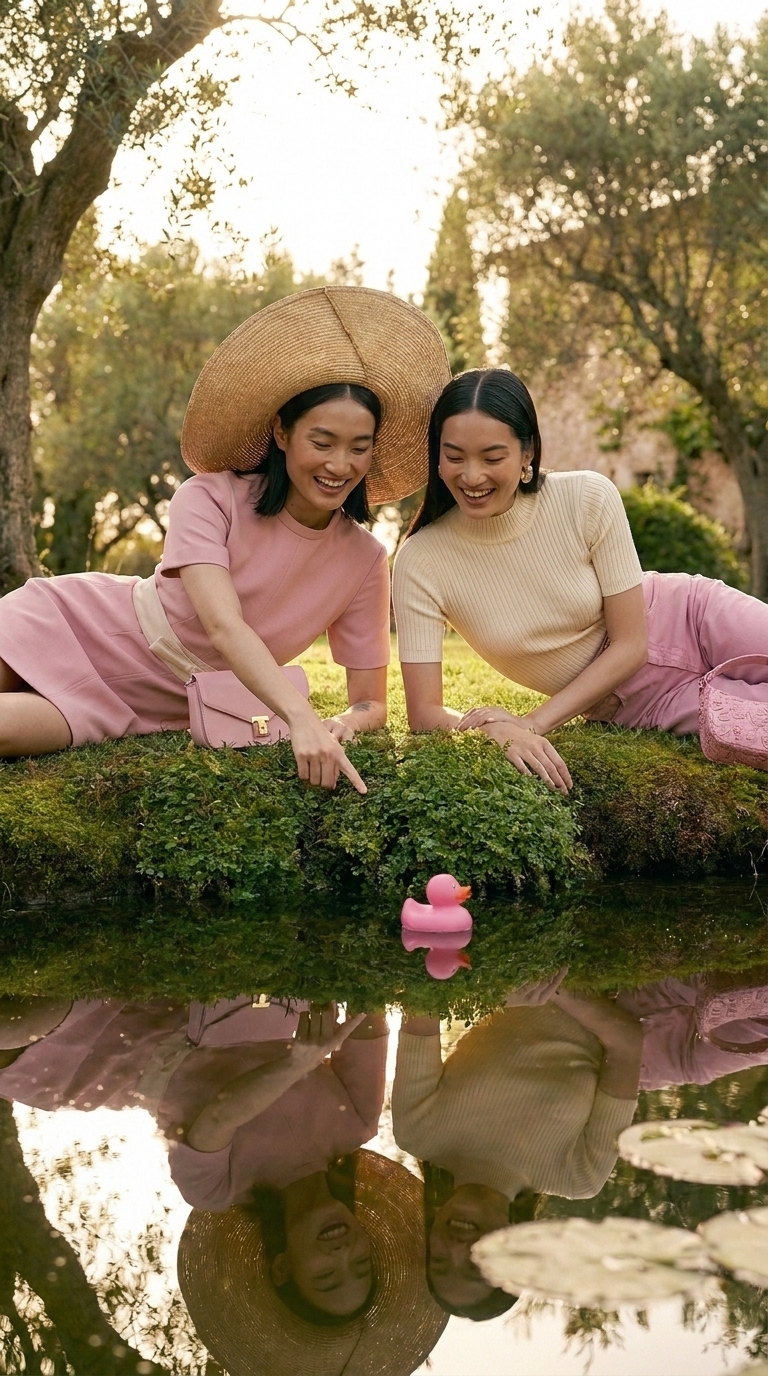 Women nest to a pond